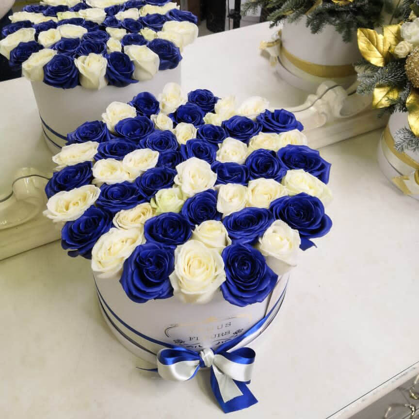 51 бело-синяя роза в коробке 51 бело-синяя роза в коробке