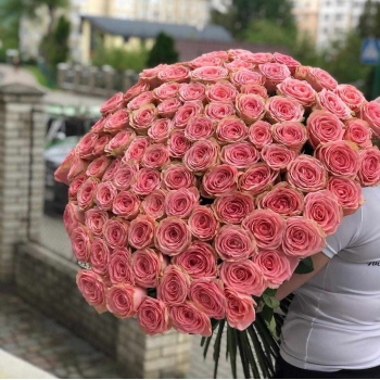 101 розовая роза в букете