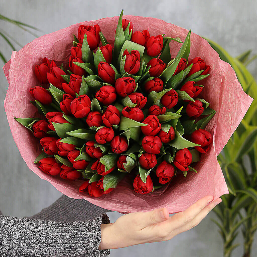 51 красный тюльпан в букете 51 красный тюльпан в букете