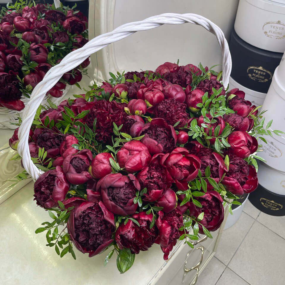 Бордовые пионы в корзине от 25 шт. Бордовые пионы в корзине от 25 шт.