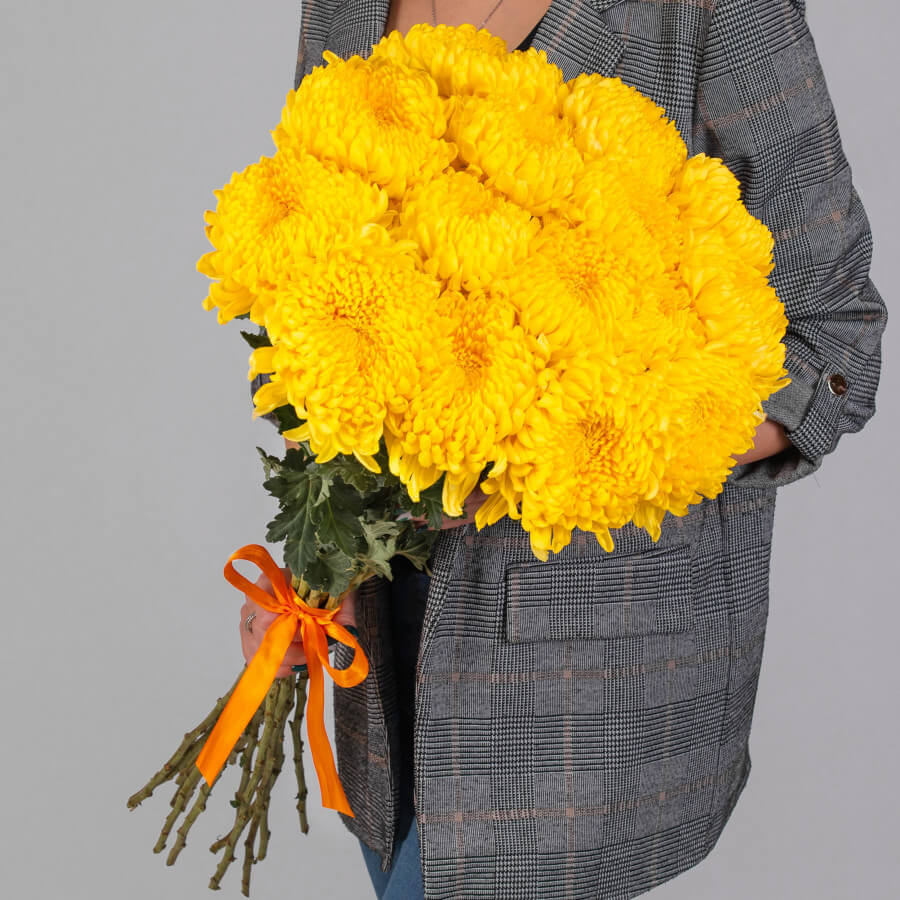 15 желтых хризантем в букете 15 желтых хризантем в букете