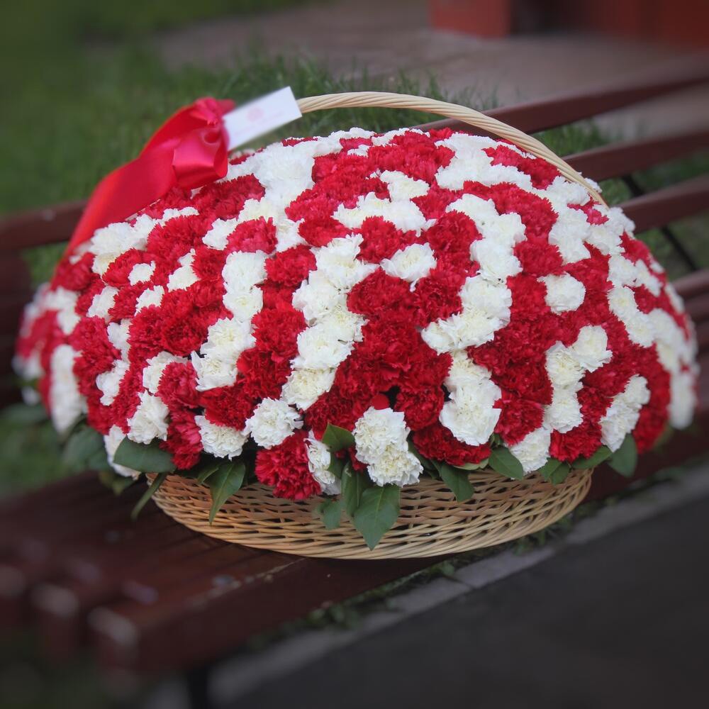 401 красно-белая гвоздика в корзине 401 красно-белая гвоздика в корзине