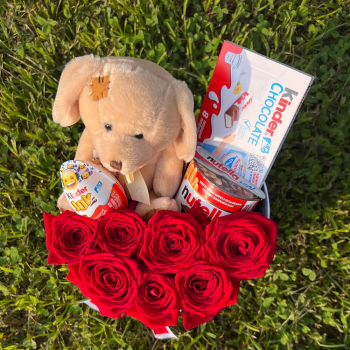 Красные розы с мишкой - 17 шт.