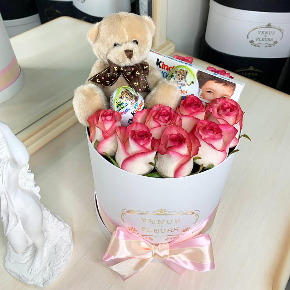 Розовые розы с мишкой - 21 шт. Розовые розы с мишкой - 21 шт.