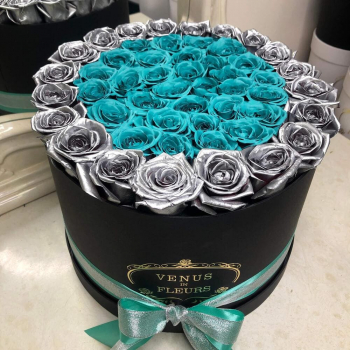 Бирюзовые розы с окантовкой - 51 шт.