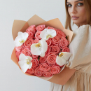 Розовые розы с орхидеями - 25 шт. Розовые розы с орхидеями - 25 шт.