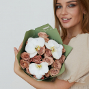Кофейные розы с орхидеями - 15 шт. Кофейные розы с орхидеями - 15 шт.