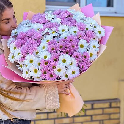 51 бело-розовая хризантема в букете за 13 990 руб. | Бесплатная доставка  цветов по Москве